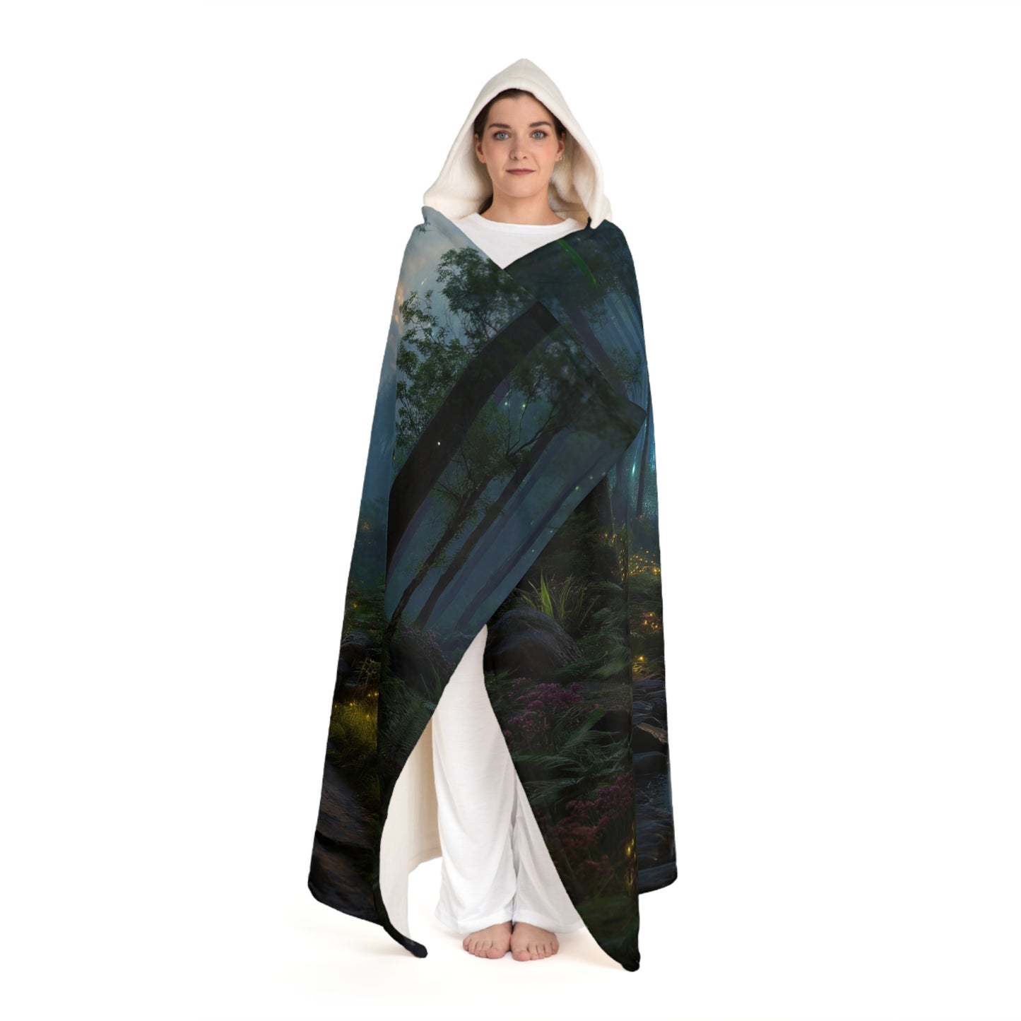 Celestial Forest Stream Hooded Sherpa Fleece Blanket – Azure Lightfall Dreamscape