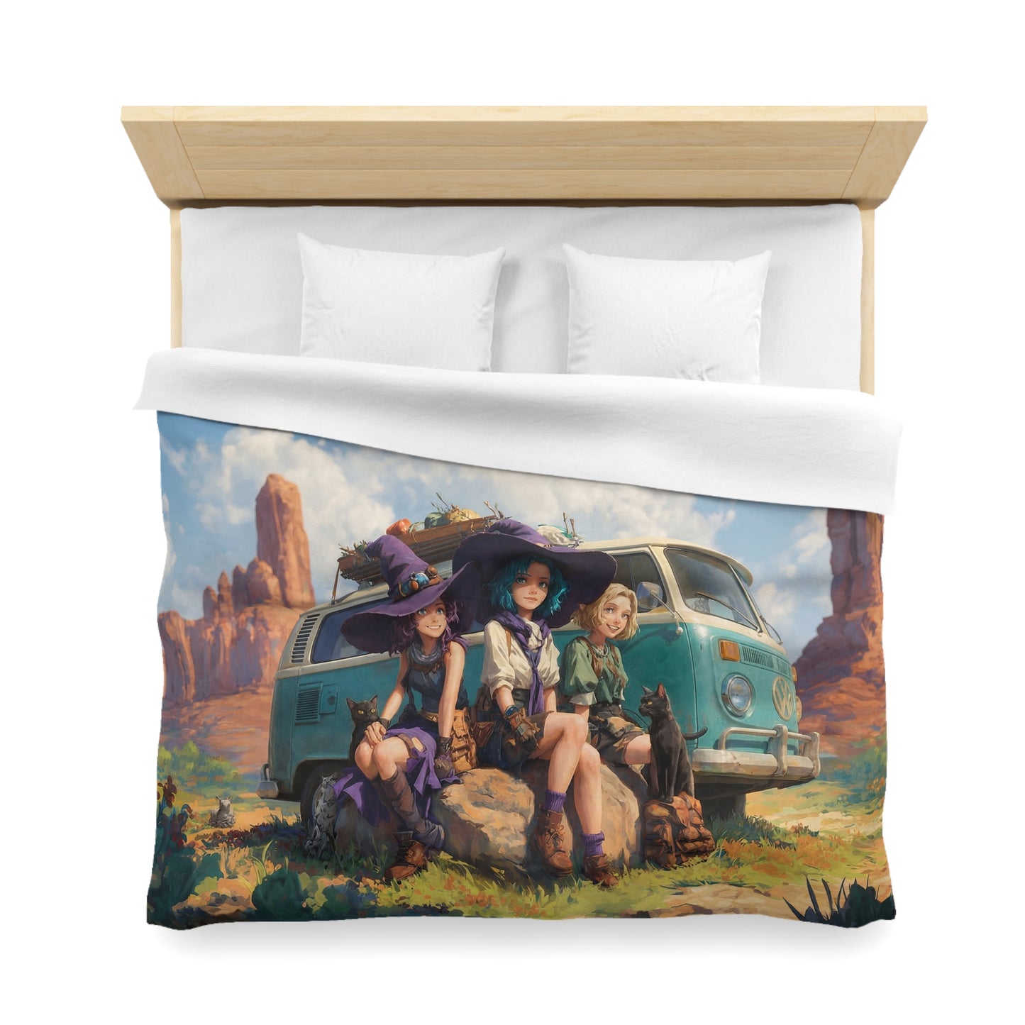 Three Witches’ Roadtrip Duvet Cover – Sunlit Desert Adventure