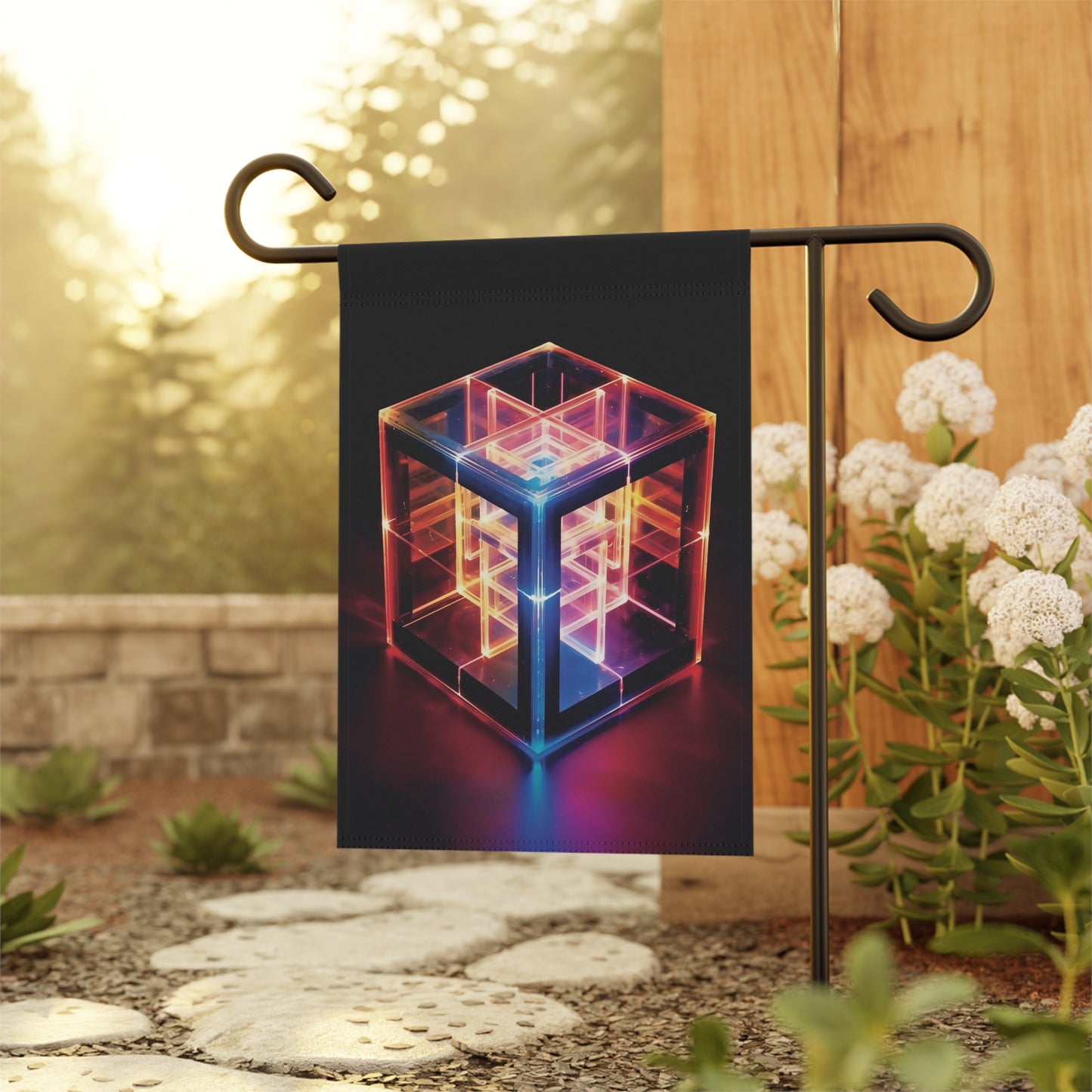 this is a tesseract, this is a hypercube, a three dimensional representation of a four dimensional object, larger on the inside than it is on the outside - Garden & House Banner