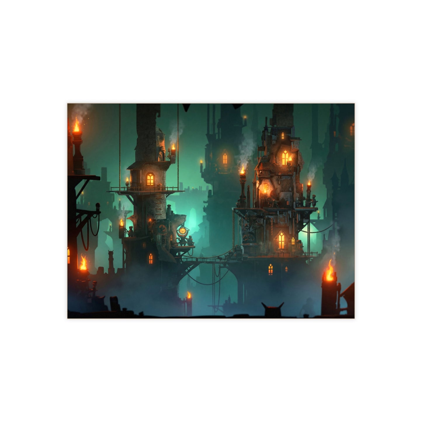 Floating City at Dusk Ceramic Photo Tile – Warm Lights Against Emerald Mist