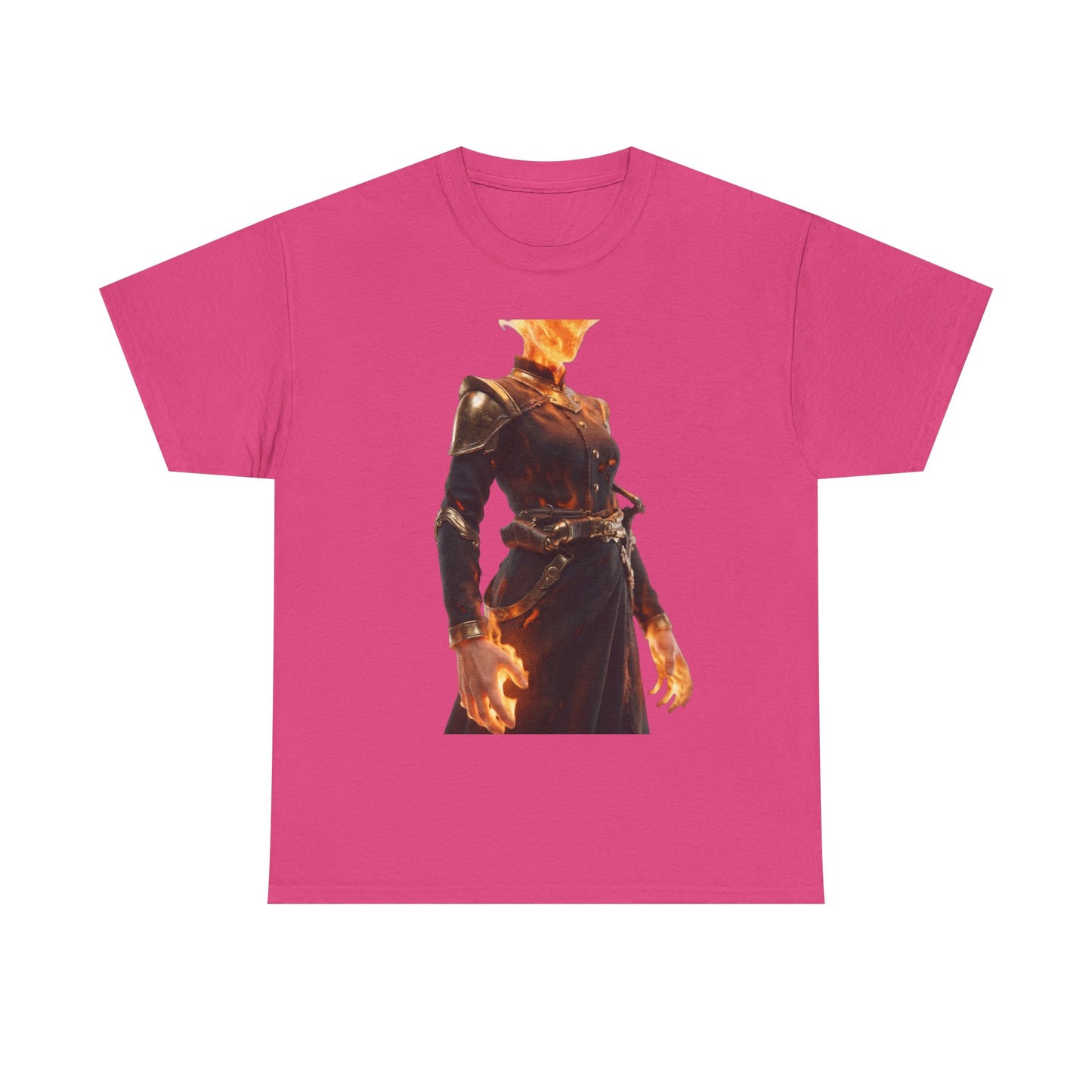 Flame-Headed Sentinel Unisex Heavy Cotton Tee – Gilded Armor & Burning Embers