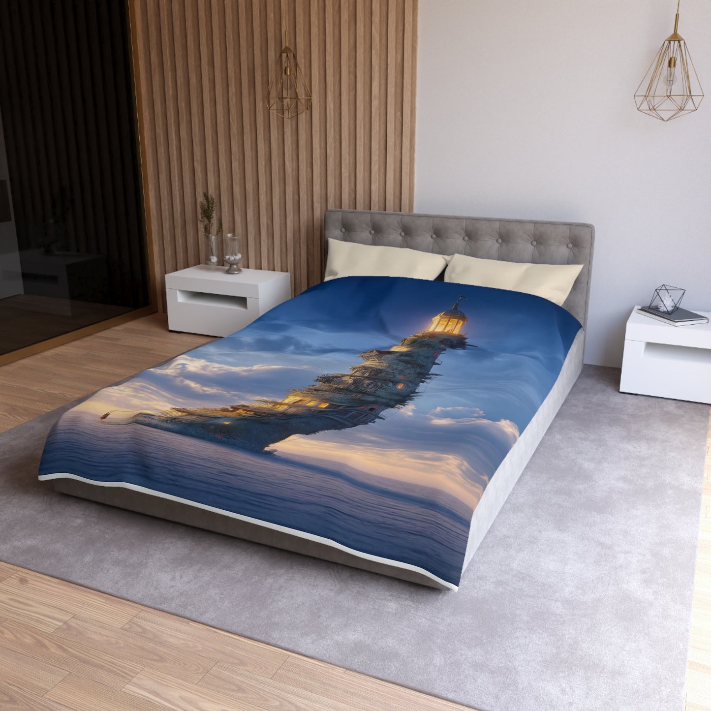 Skyward Lighthouse Microfiber Duvet Cover – A Beacon Through Twilight Clouds