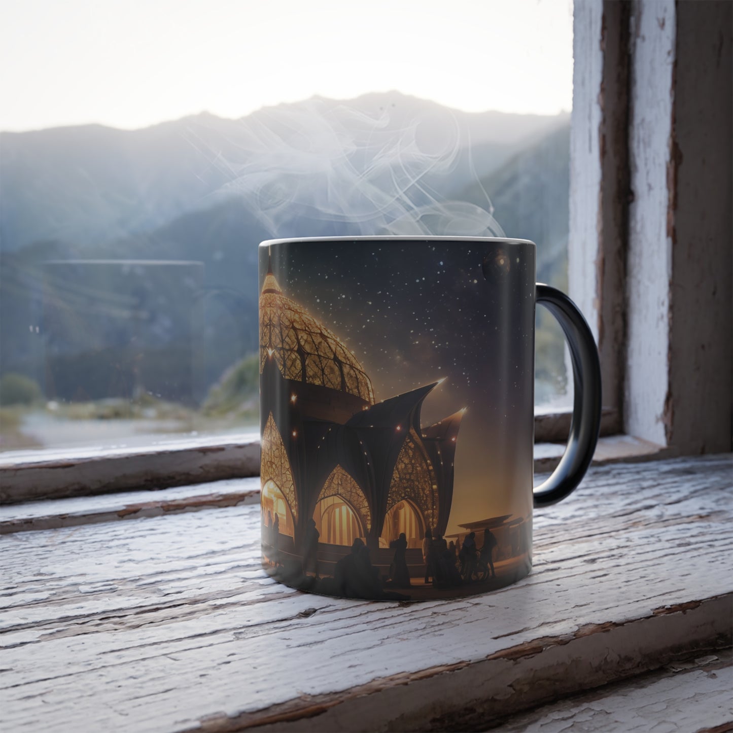 A celestial observatory materializing in the heart of the Burning Man festival, its intricate architecture inspiring awe and wonder. - Color Morphing Mug, 11oz