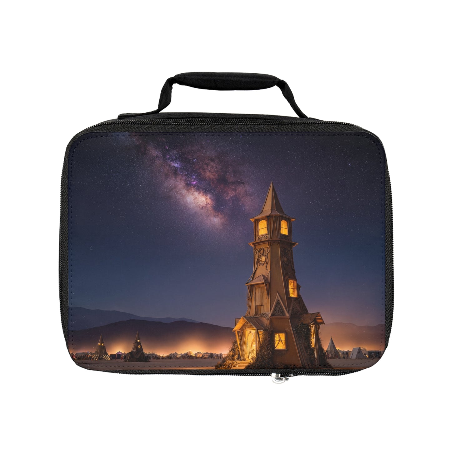 Celestial Clocktower Lunch Bag – Warm Light Under the Milky Way