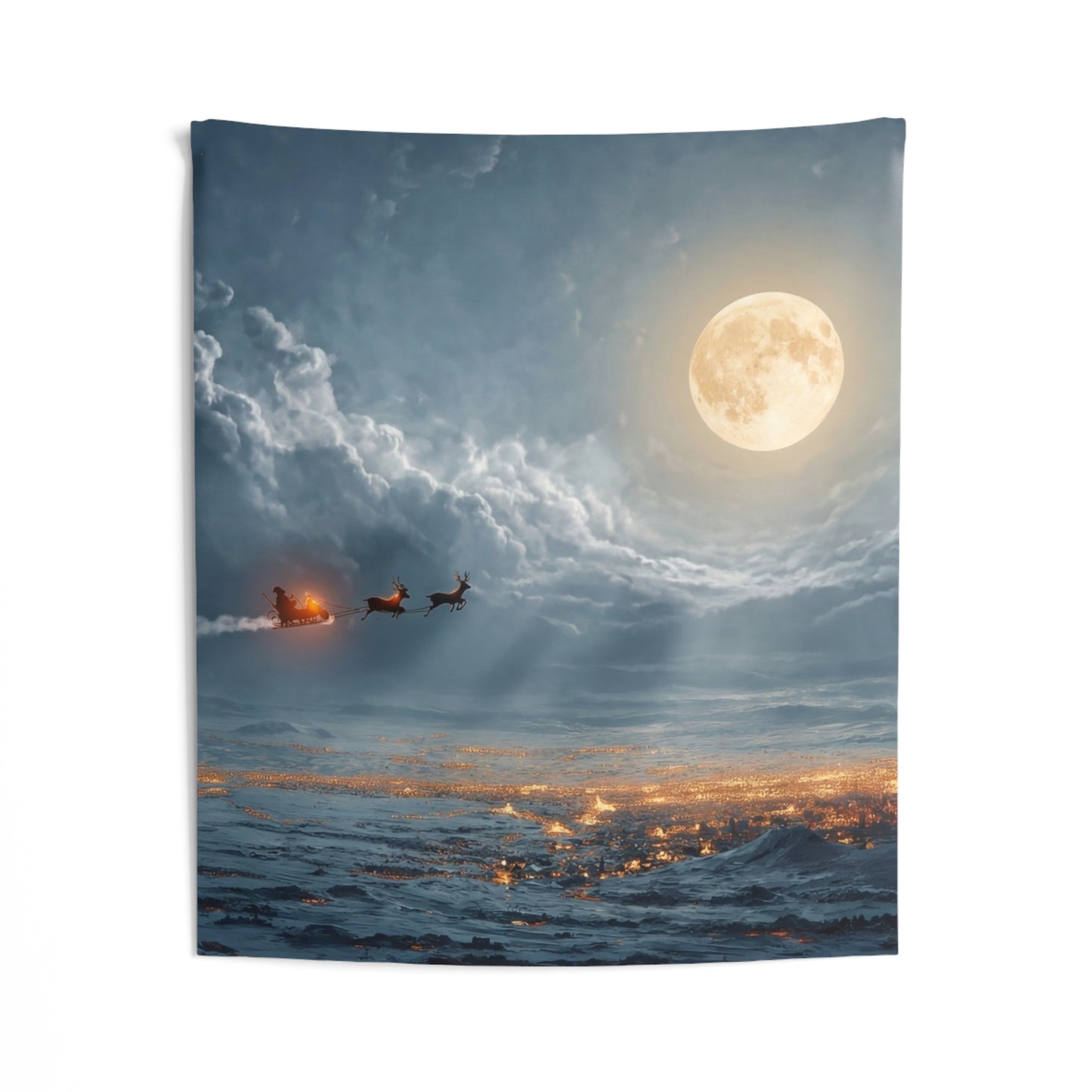 Moonlit Sleigh Ride Indoor Wall Tapestries – Winter’s Silent Journey Over Snow-Covered Town