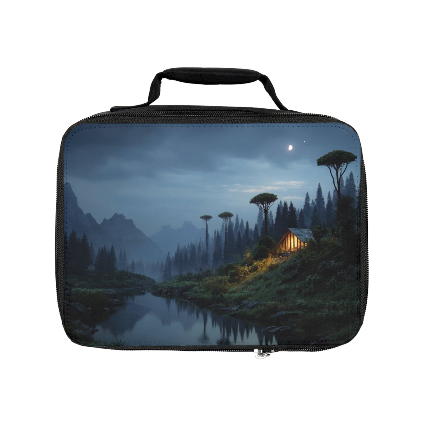 Moonlit Mountain Cabin Lunch Bag – Warm Light in the Deep Blue Stillness