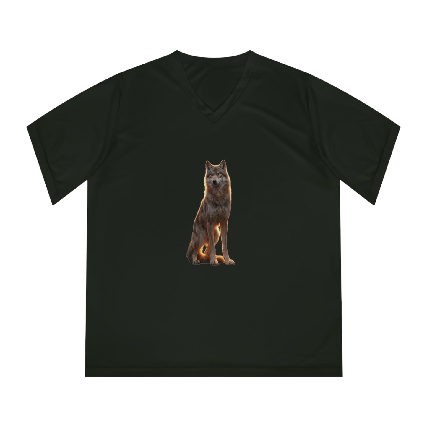 Golden Sentinel Wolf Women's Performance V-Neck T-Shirt – Amber Glow on Black