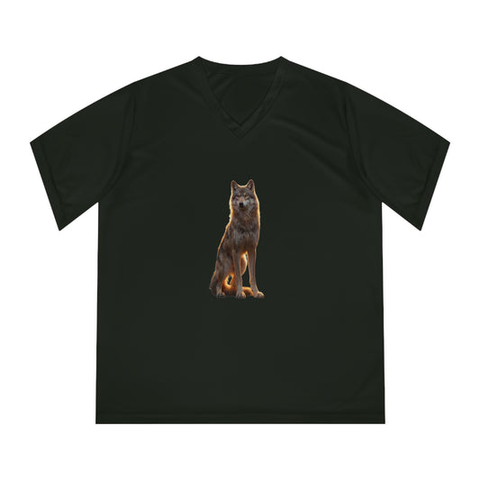 Golden Sentinel Wolf Women's Performance V-Neck T-Shirt – Amber Glow on Black