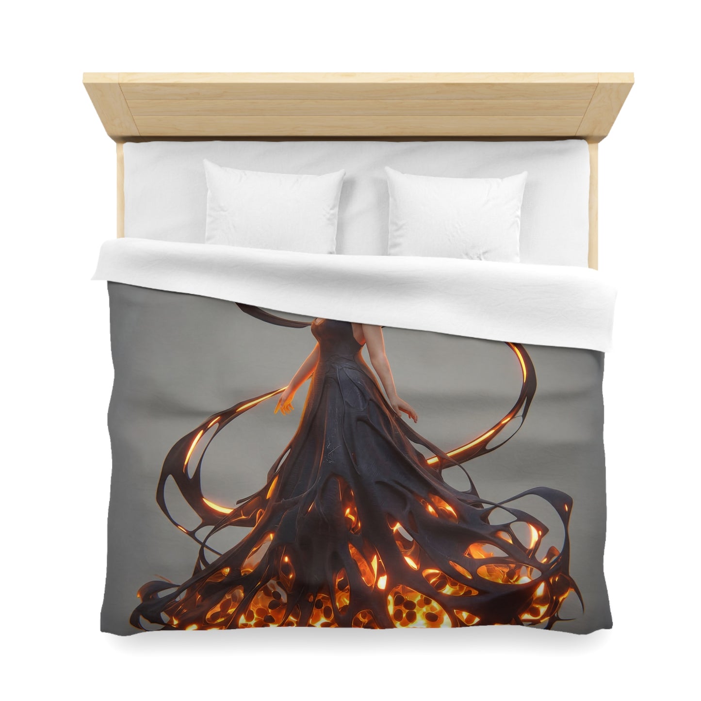 Luminescent Veil Duvet Cover – Floating Goddess in Amber Glow