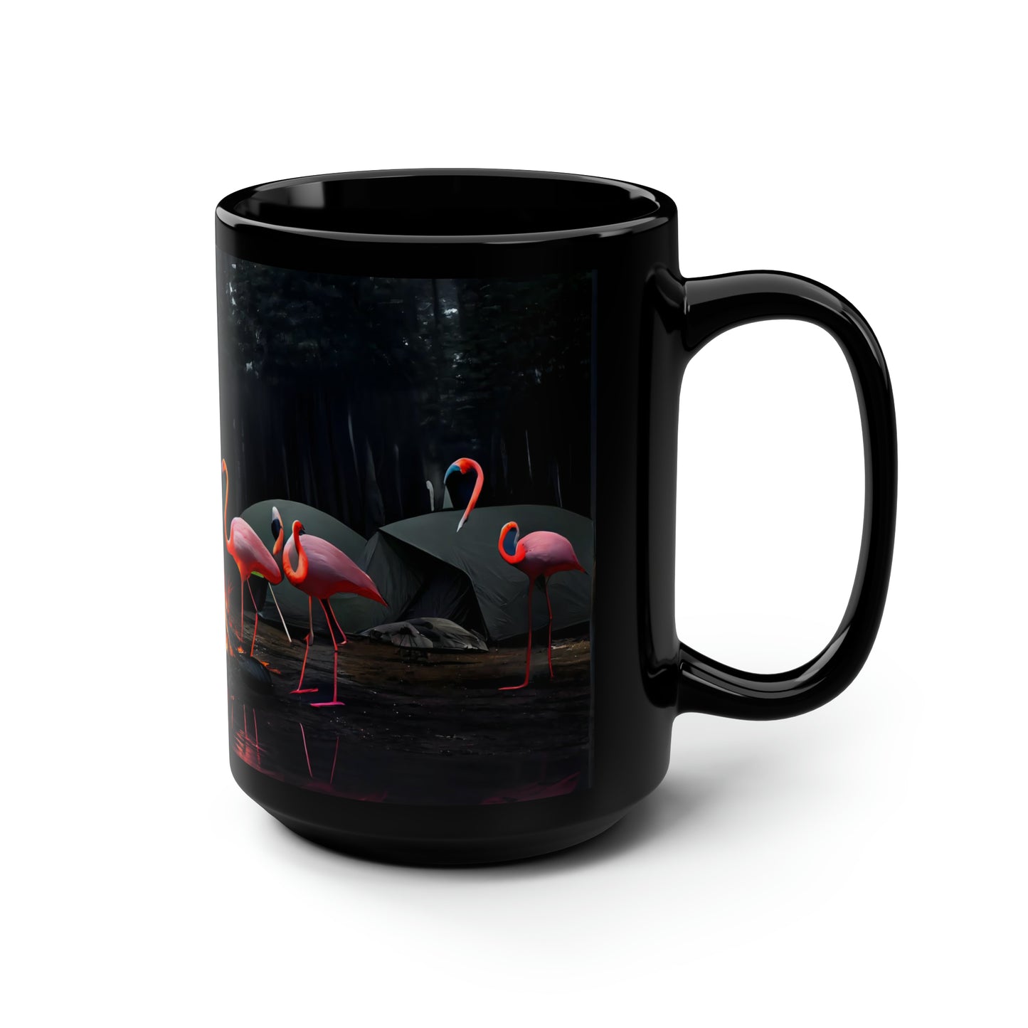 photo of a flock of flamingos in oregon, campfire, tents, rain, hdr, dof, highly detailed - Mug, Black