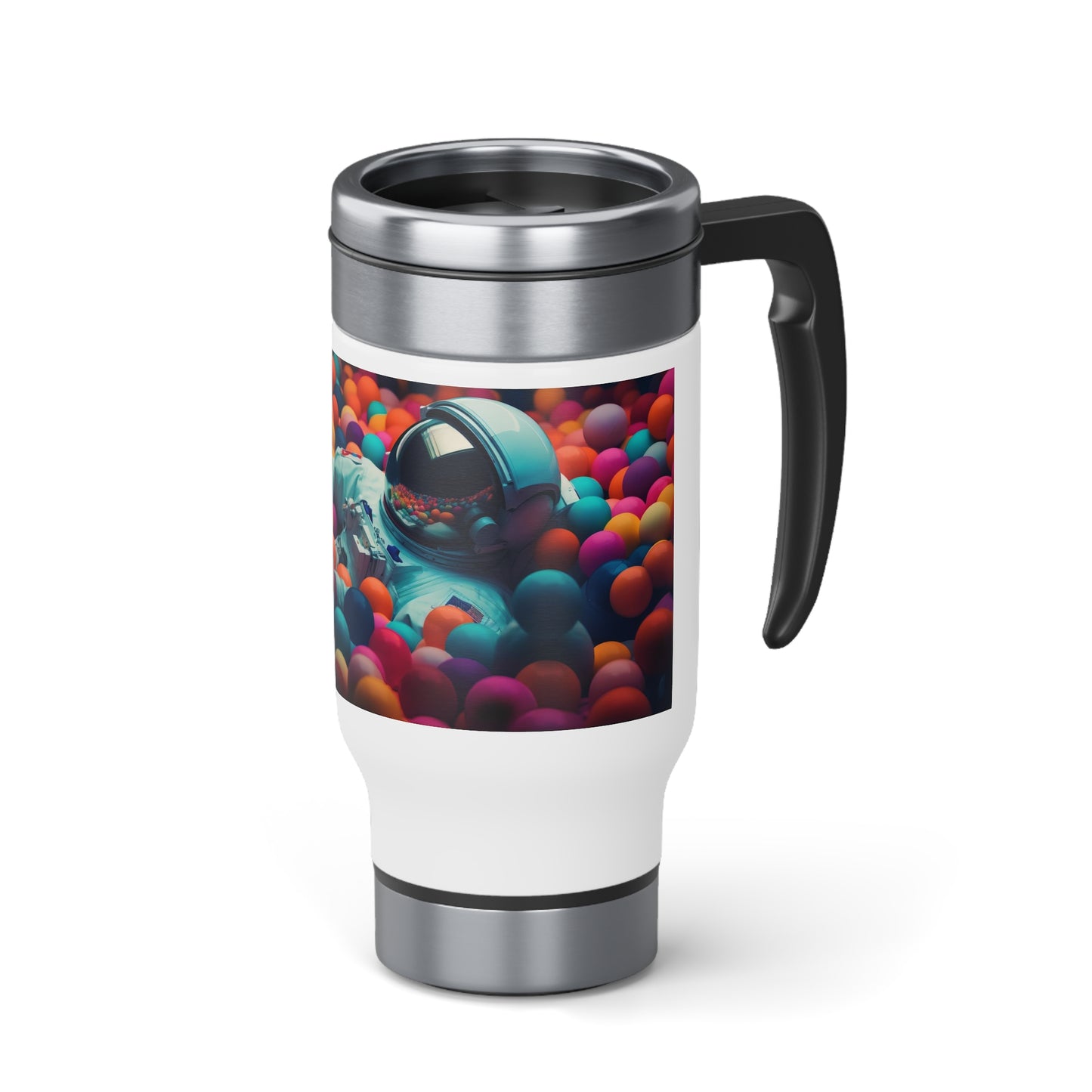 a realistic of photography astronaut lying in colourful balls pool - Stainless Steel Travel Mug with Handle, 14oz