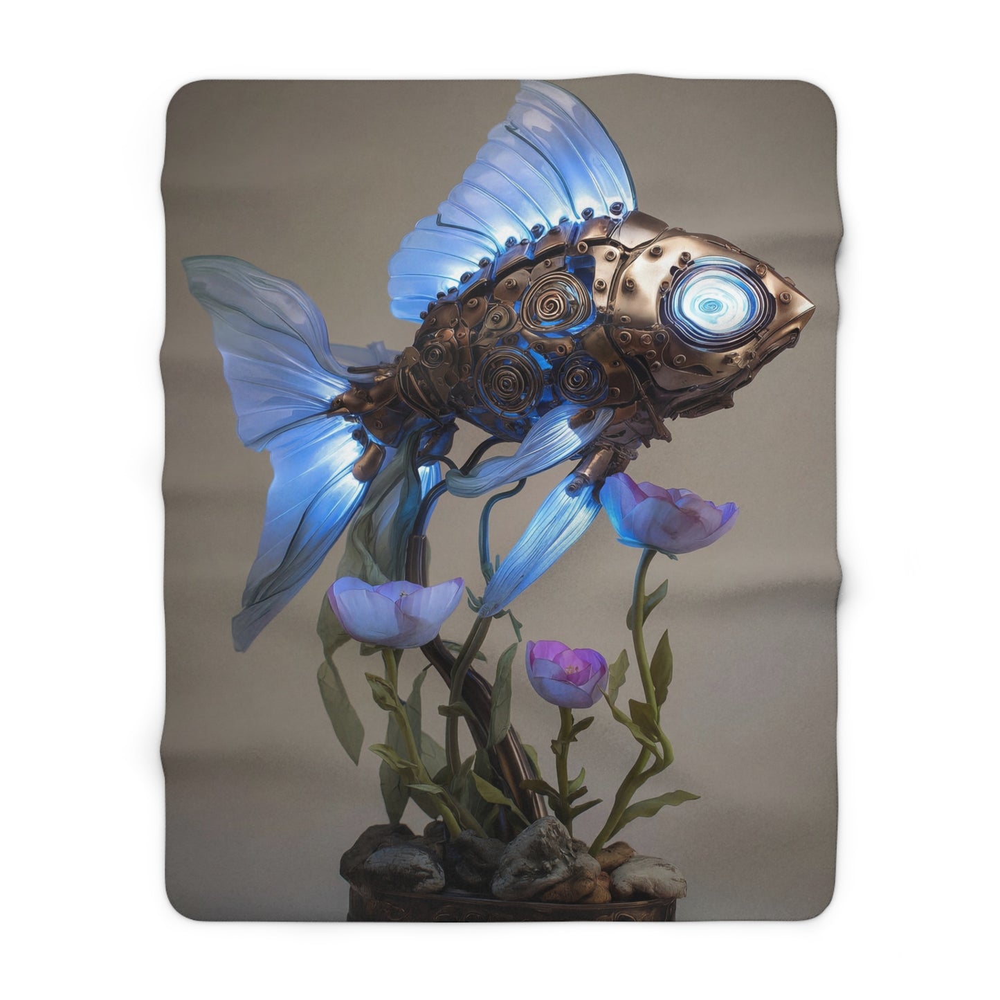 Steampunk Goldfish Sherpa Fleece Blanket – Luminescent Mechanical Bloom