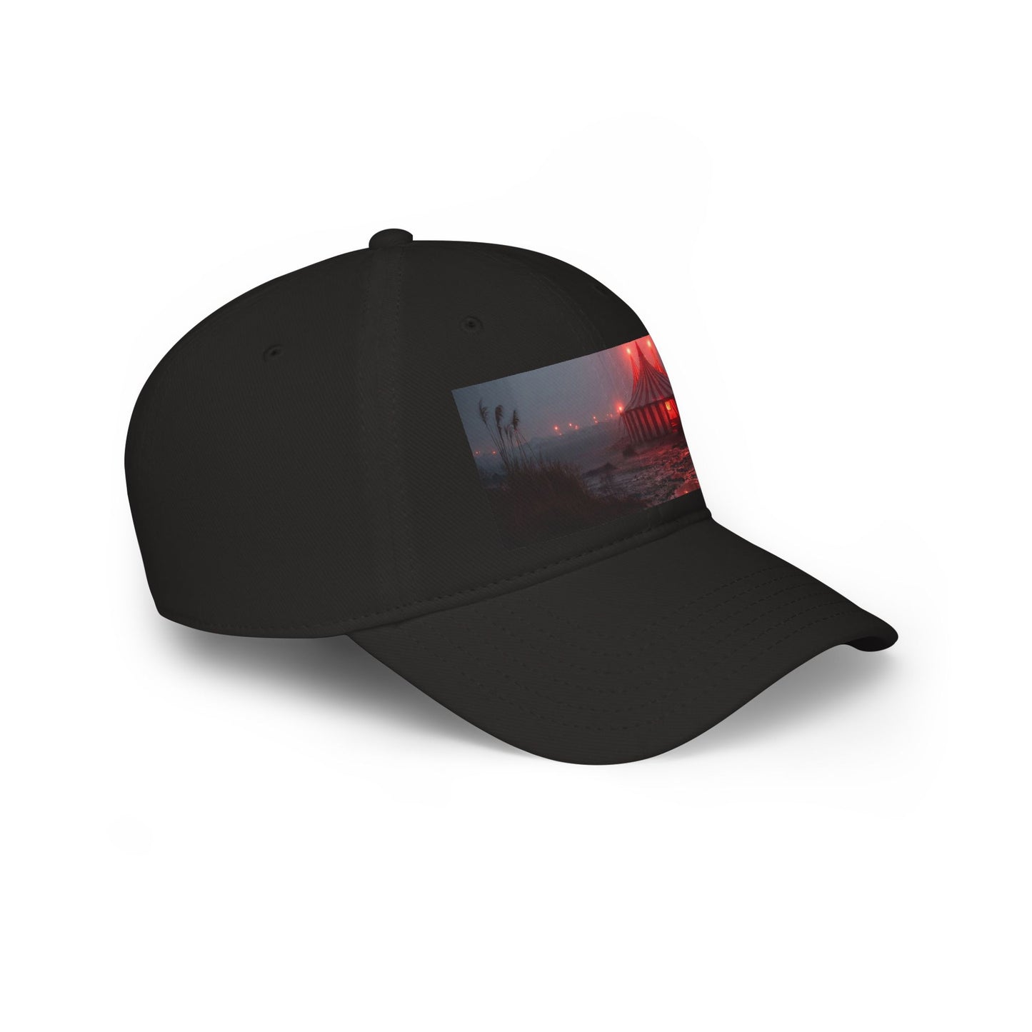 Crimson Carnival Tent Cap – Foggy Shoreline Circus Scene Low Profile Baseball Cap