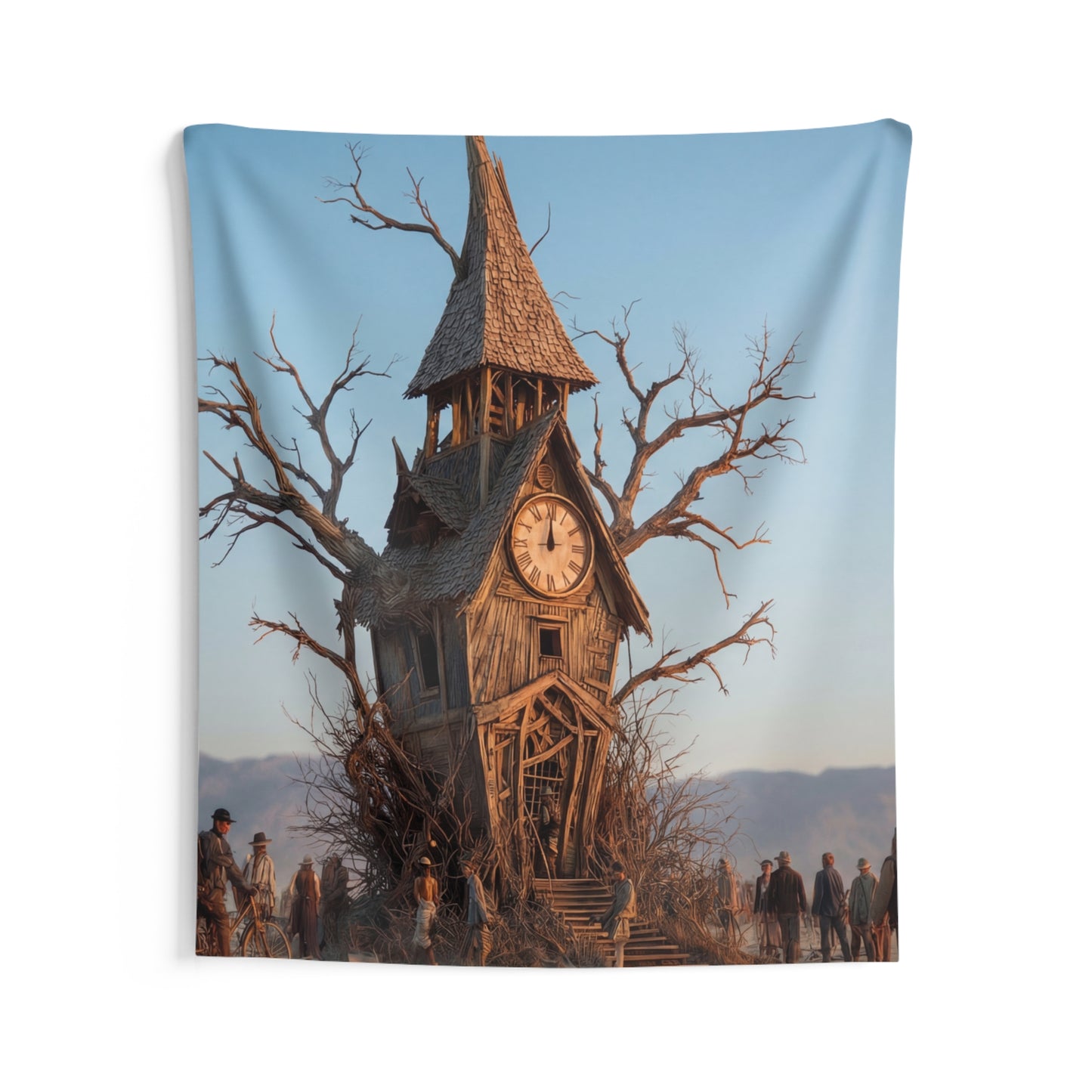 Clock Tower in the Desert Tree Indoor Wall Tapestries – A Quiet Passage Through Time
