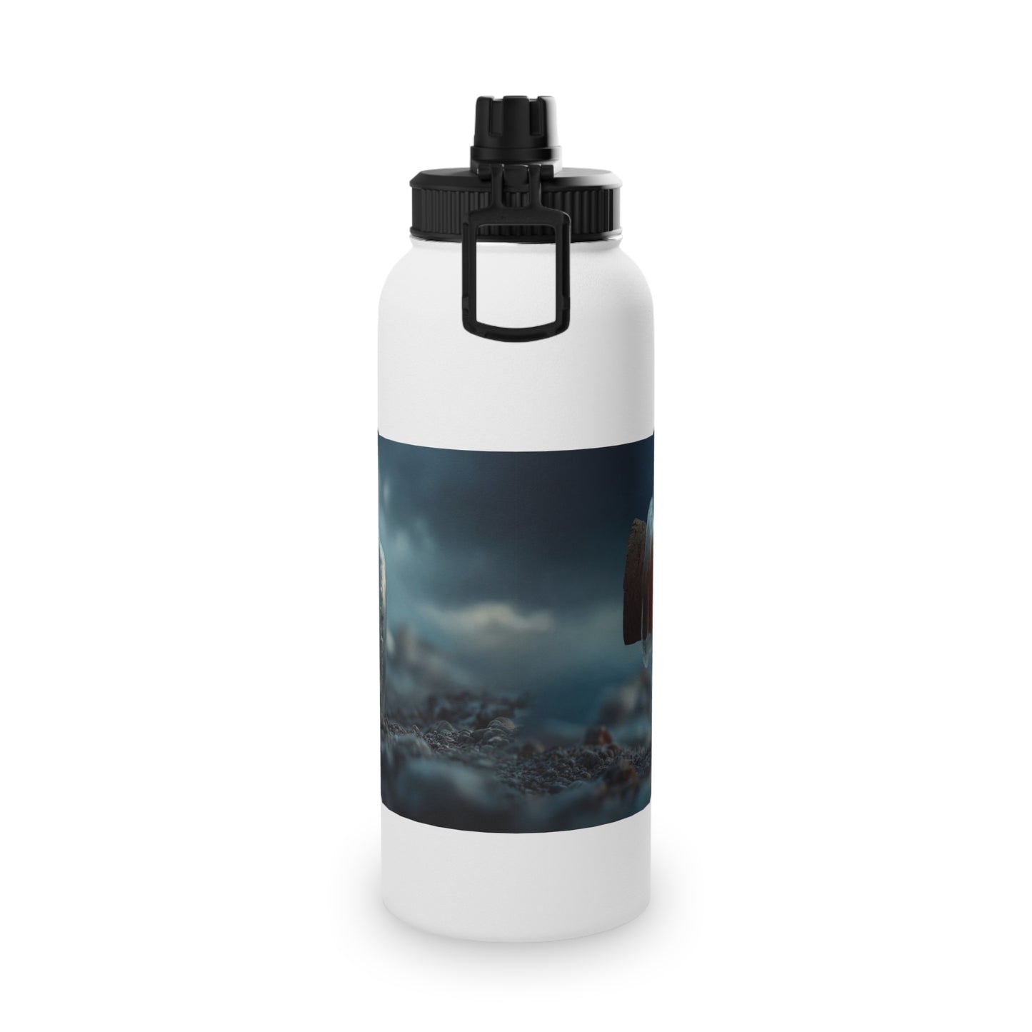 Storm-Sailed Ship in Bottle Stainless Steel Water Bottle, Sports Lid – Captured Tempest at Sea