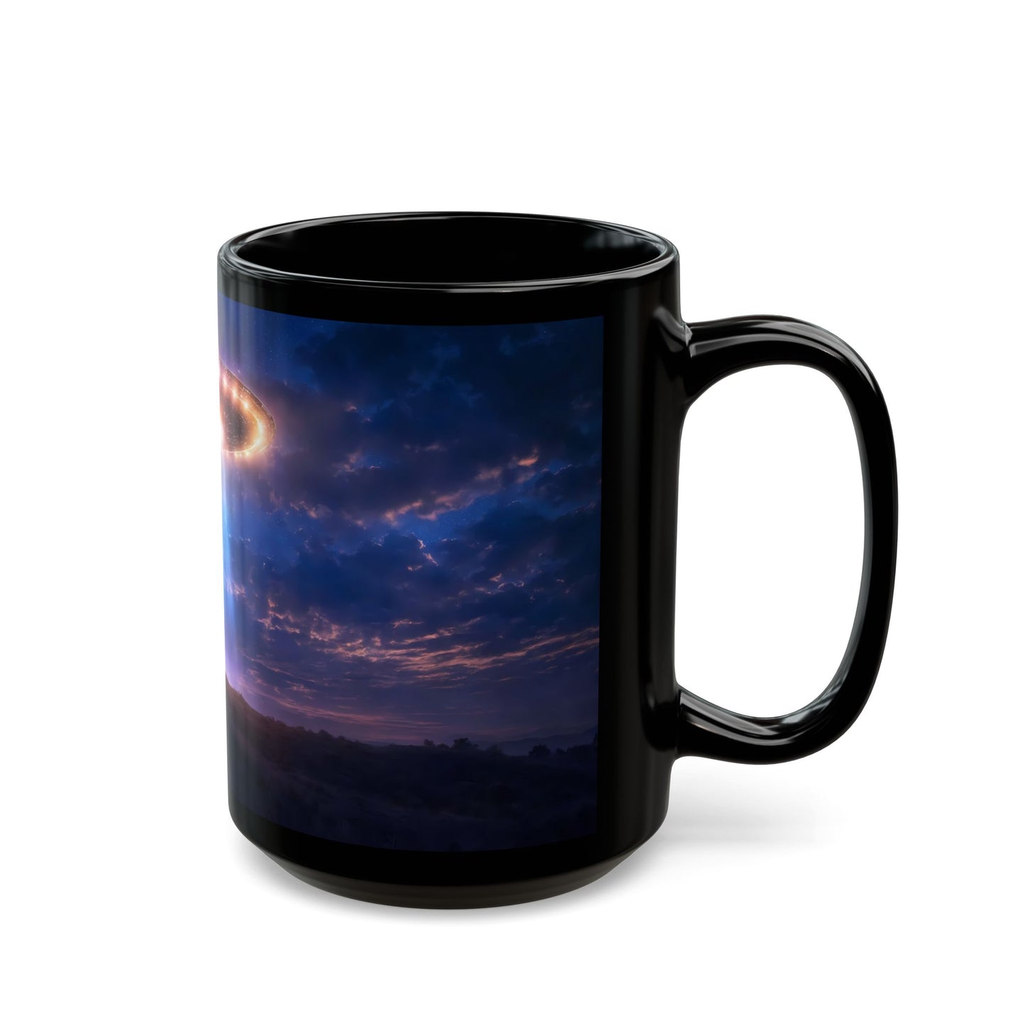 UFO Encounter Black Mug – Celestial Beam & Silhouette Nightscape