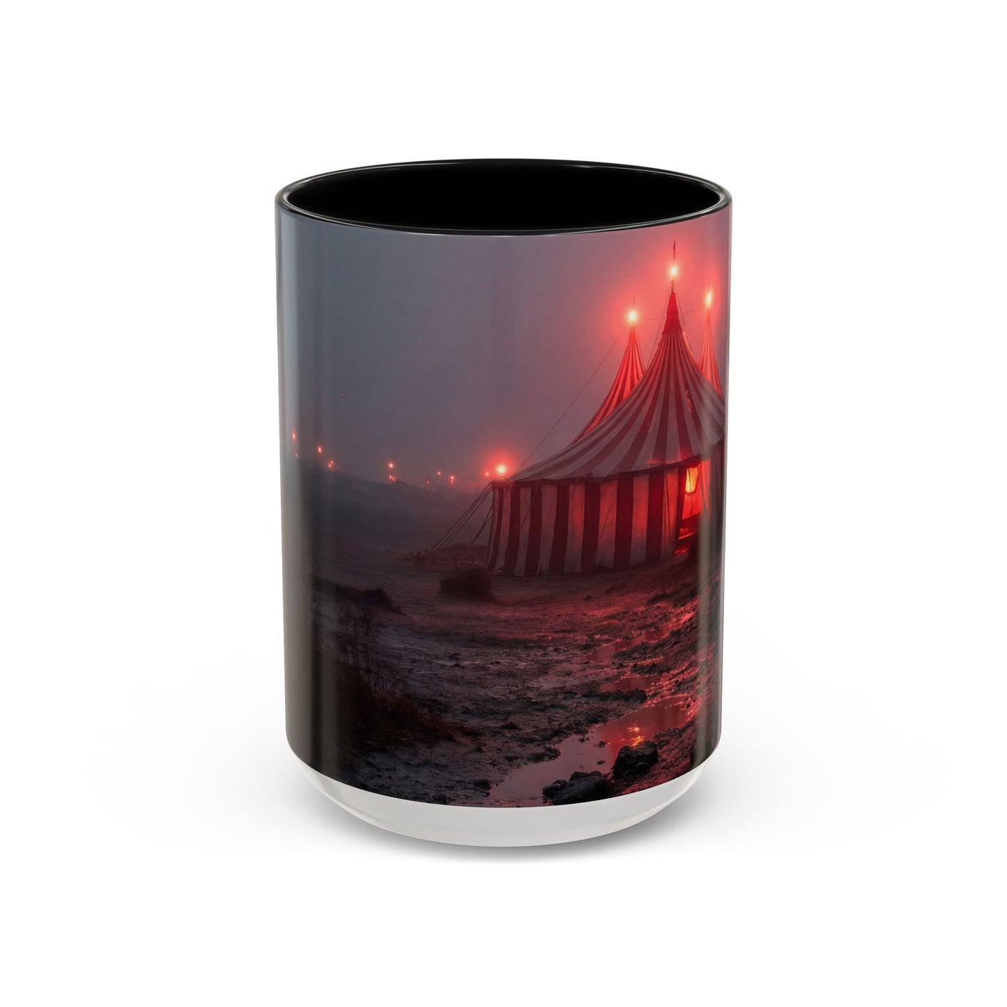 Crimson Circus Tent Accent Coffee Mug (11, 15oz) – Fog-Drenched Midnight Wonder