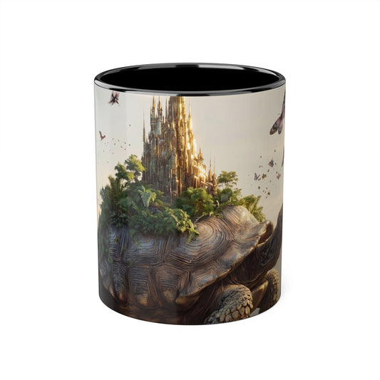 Mythic Tortoise Castle Mug – Golden Spire & Lush Grove Accent Mugs, 11oz