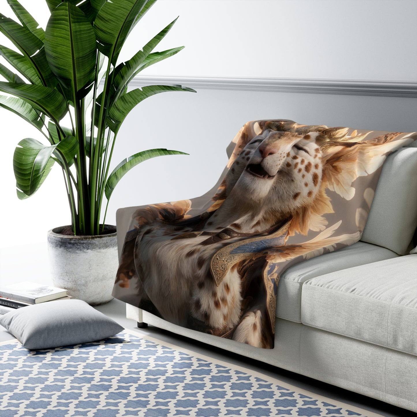 Radiant Feline Sentinel Sherpa Fleece Blanket – Sunlit Crowned Warrior Dreamscape