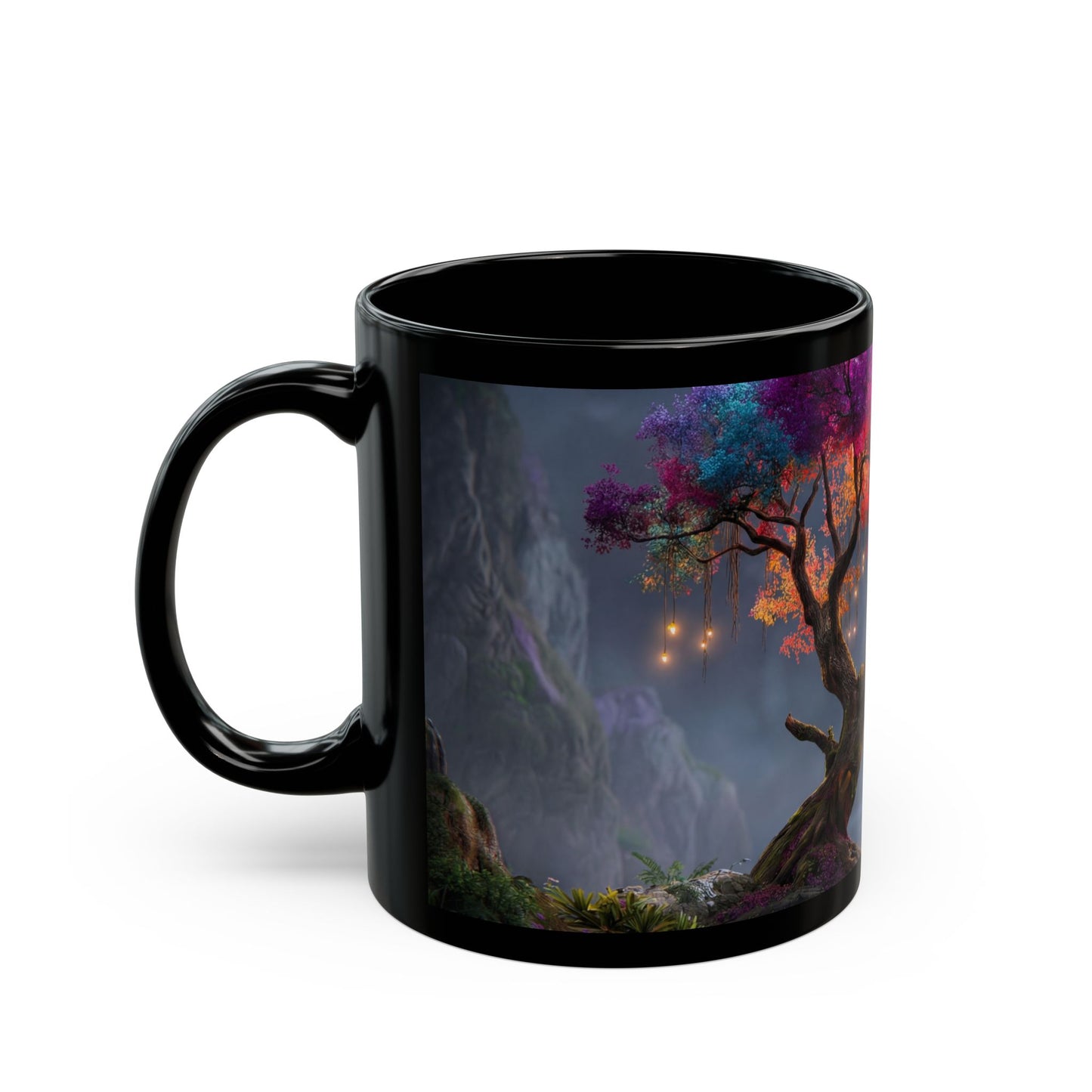 Chromatic Dream Tree Black Mug – Midnight Bloom & Lantern Glow