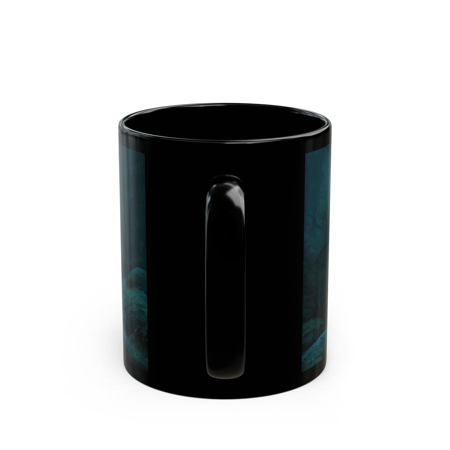 Twilight Sentinel Black Mug – Misty Forest Guardian with Glowing Sword