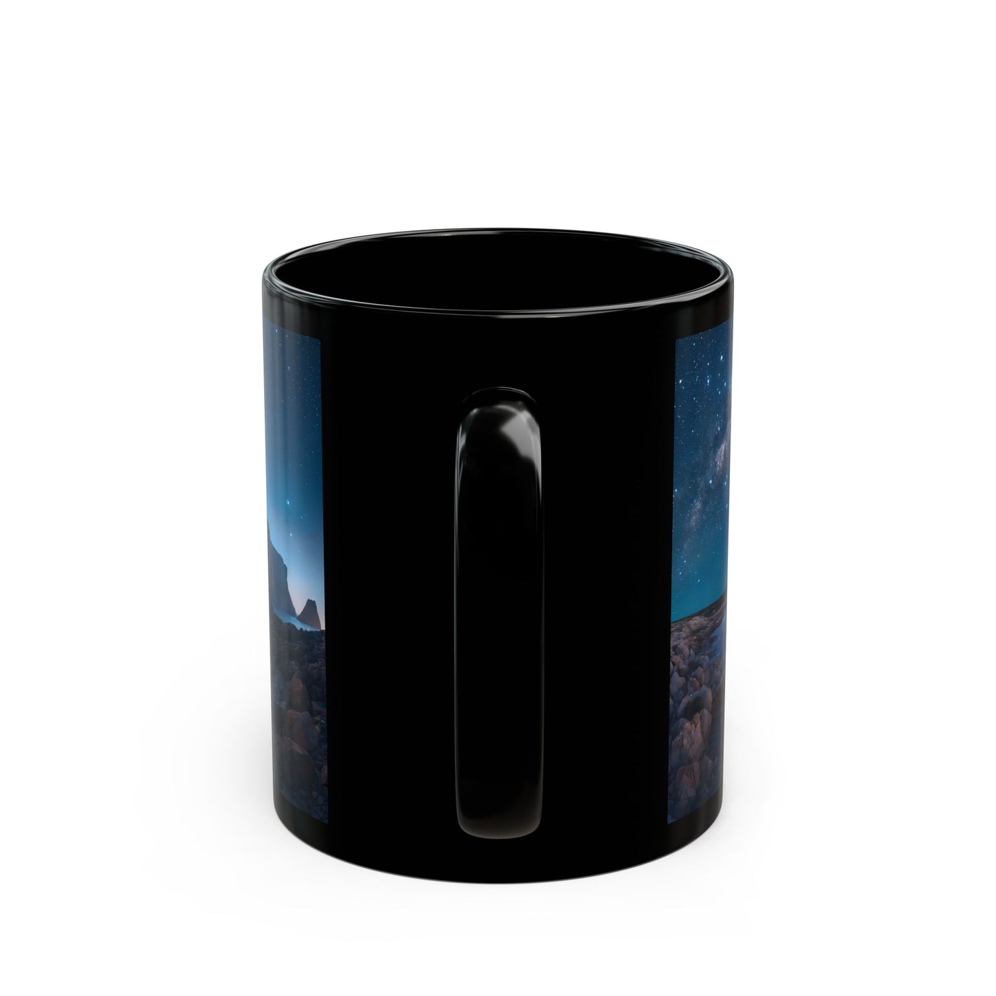 Celestial Archway Black Mug – Milky Way Over Moonlit Coastline