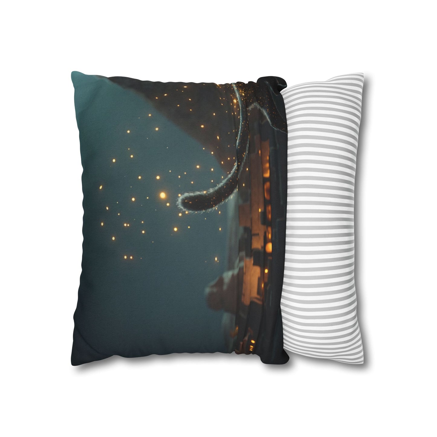 Starlit Cat by Pyramids Spun Polyester Square Pillowcase – Ancient Nightwalk Dreamscape