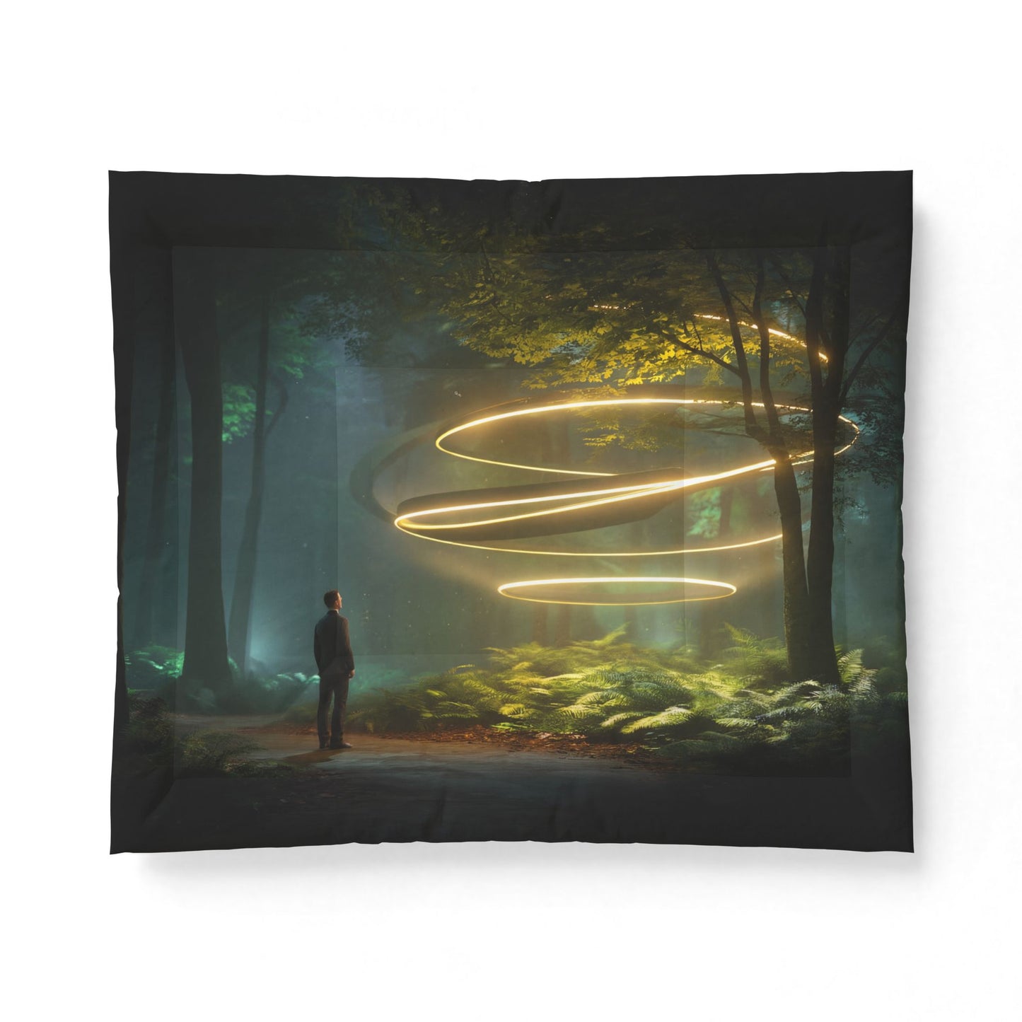 Luminous Spiral Forest Comforter – Golden Rings & Silent Guardian Blanket