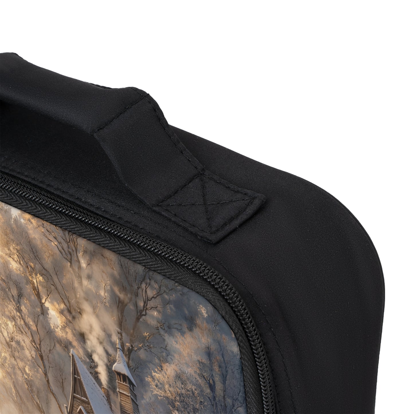 Snowbound Chapel Lunch Bag – Warm Hearth Light in Winter’s Hush