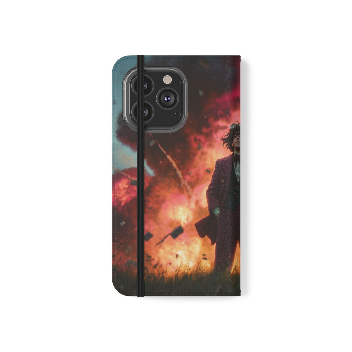 Goggles & Chaos Flip Cases – Purple Suit Amidst Fiery Explosion