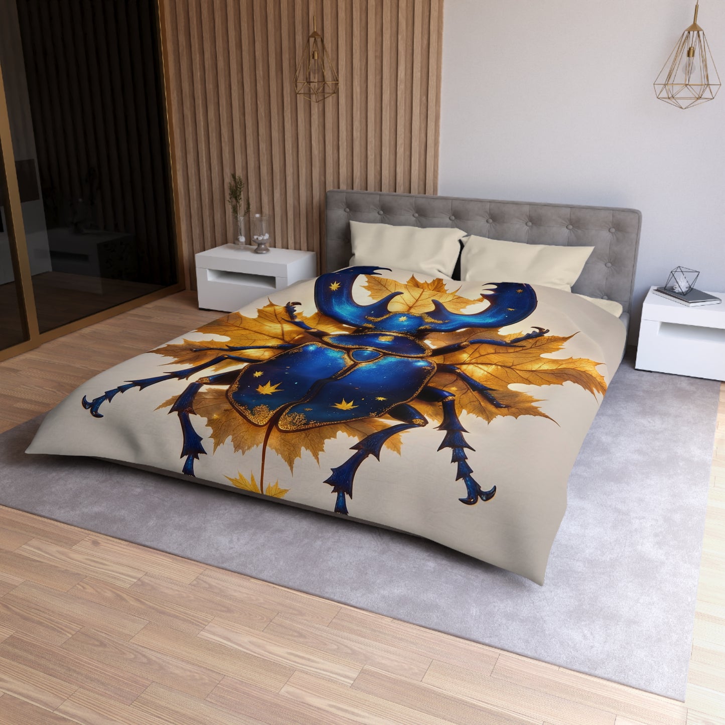 Celestial Beetle Microfiber Duvet Cover – Night Sky Guardian on Maple Leaves