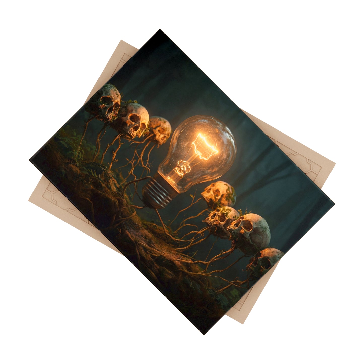 Glowing Bulb in Skull Garden Ceramic Photo Tile – Wisdom’s Warm Glow in the Dark