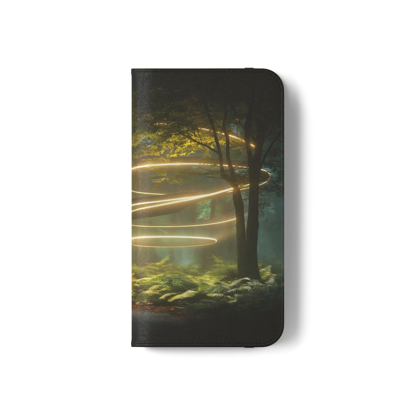 Luminous Spiral Forest Flip Cases – Golden Light Rings Mystery Scene