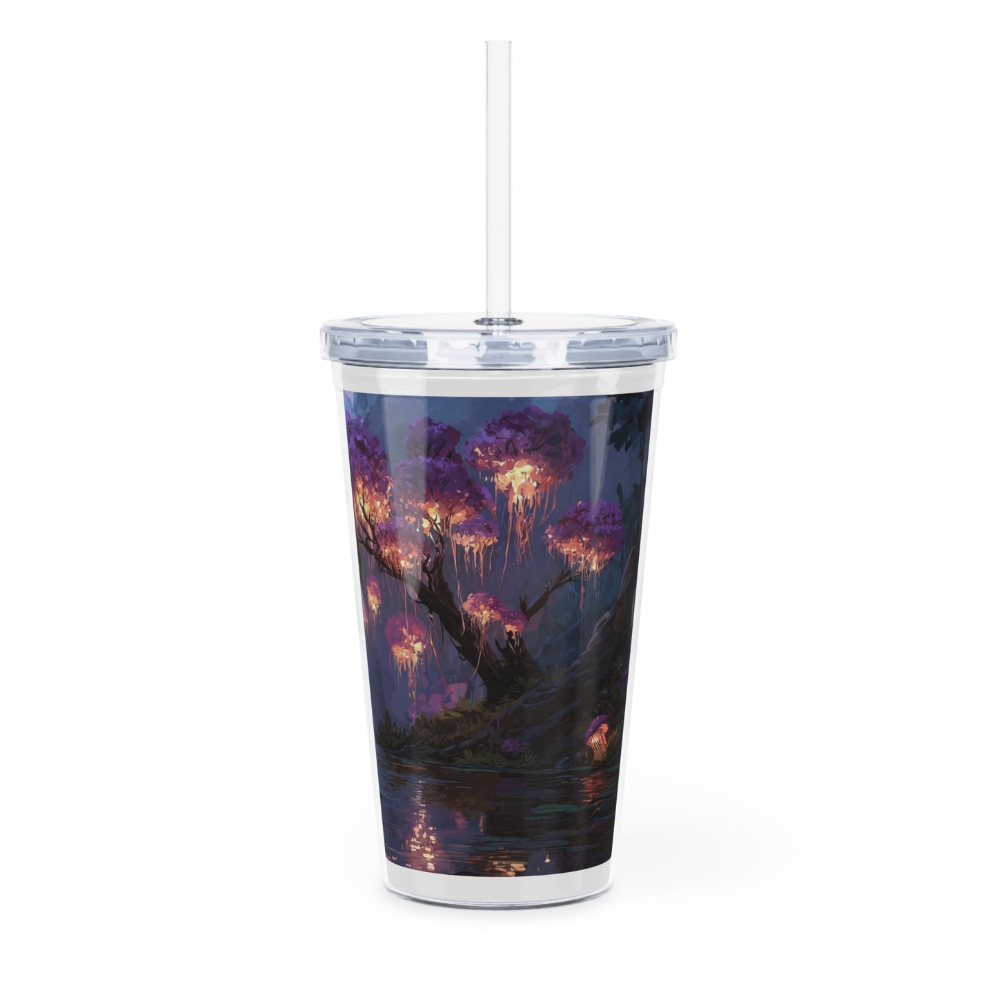 Bioluminescent Grove Plastic Tumbler with Straw – Twilight River of Living Light