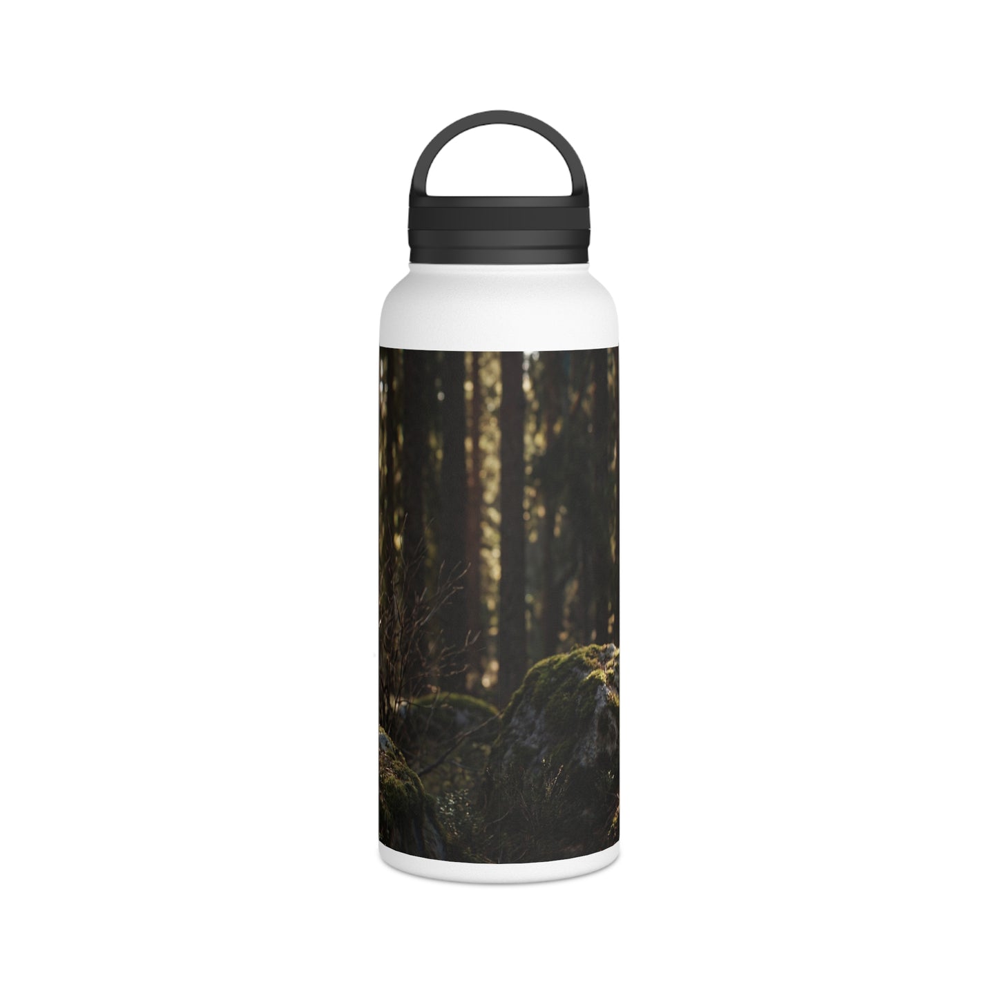 Winged Wolf in Sunlit Forest Stainless Steel Water Bottle, Handle Lid – Guardian of the Mossy Glade