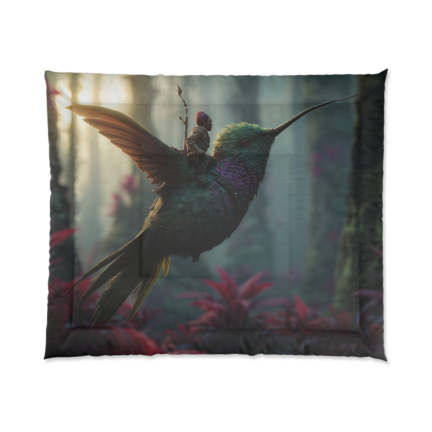 Hummingbird Rider Comforter – Dawn’s Whisper Through Emerald Canopy