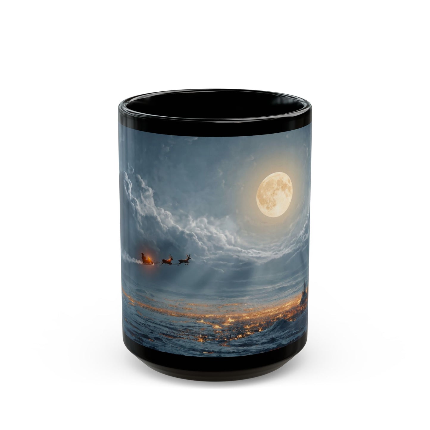 Moonlit Sleigh Ride Black Mug – Winter’s Silent Journey Over Snowy Peaks