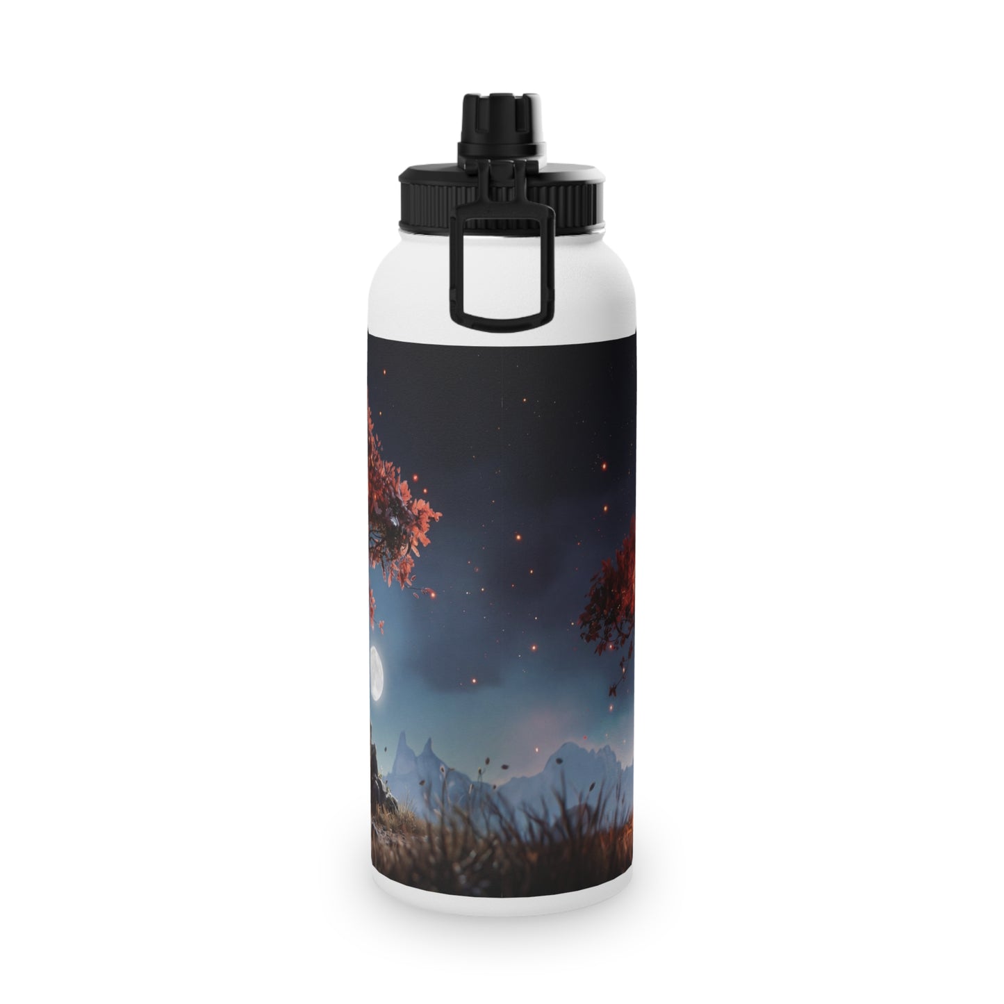 Whispering Ember Tree Stainless Steel Water Bottle, Sports Lid – Moonlit Campfire Sanctuary