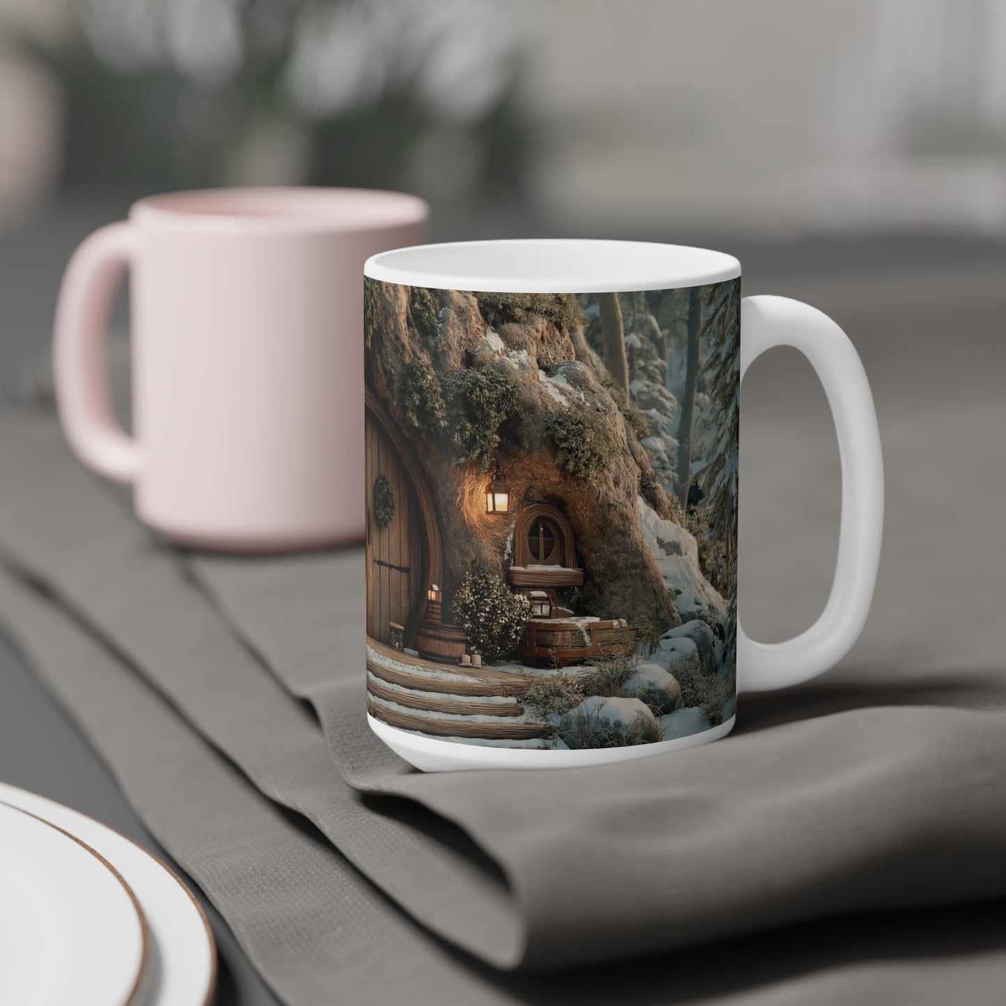 Winter Hollow Treehouse Mug – Warm Hearth Glow in Snow