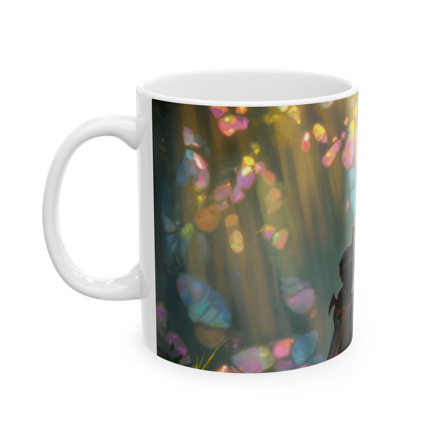 Sunlit Forest Sentinel Ceramic Mug – Amber Light and Whispering Crystals