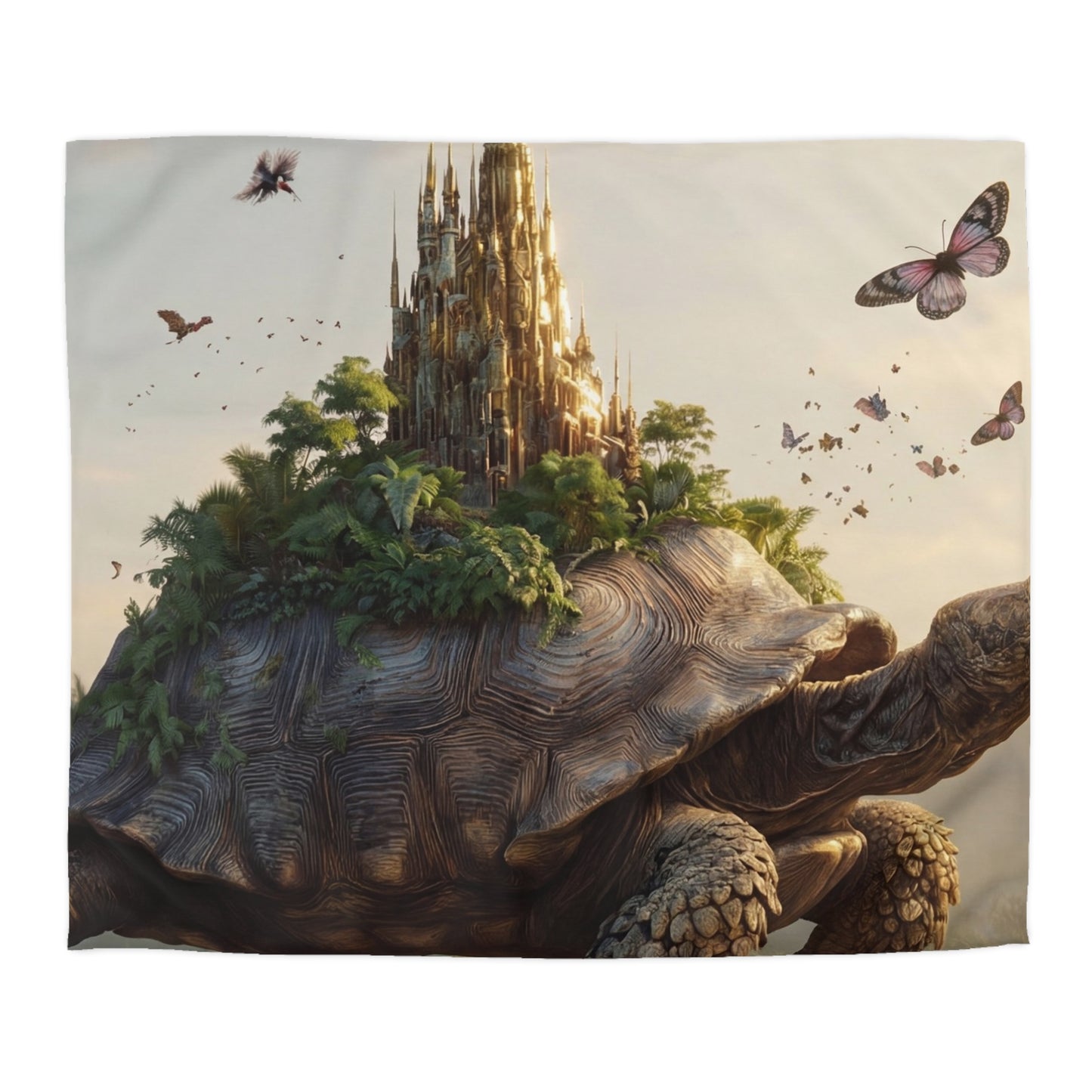 Ancient Turtle Citadel Microfiber Duvet Cover – Golden Castle on a Living Throne
