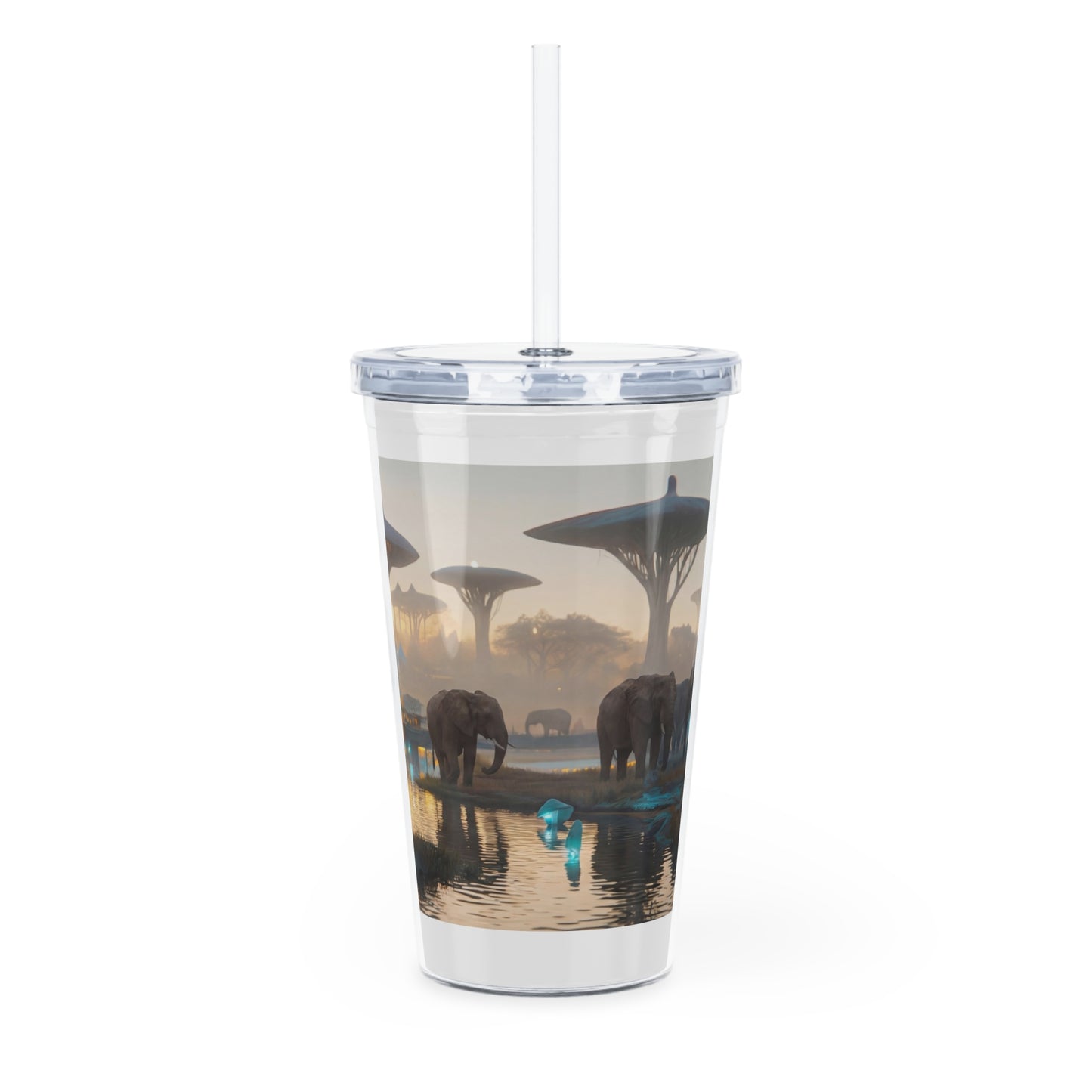 Celestial Savannah Tumbler with Straw – Twilight Oasis with Glowing Elephants