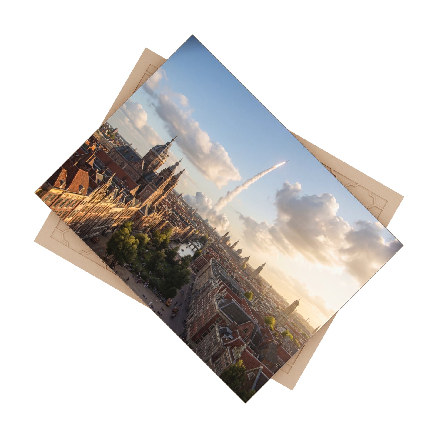 Rocket Through Amsterdam Skyline Ceramic Photo Tile – Dawn’s Unseen Launch