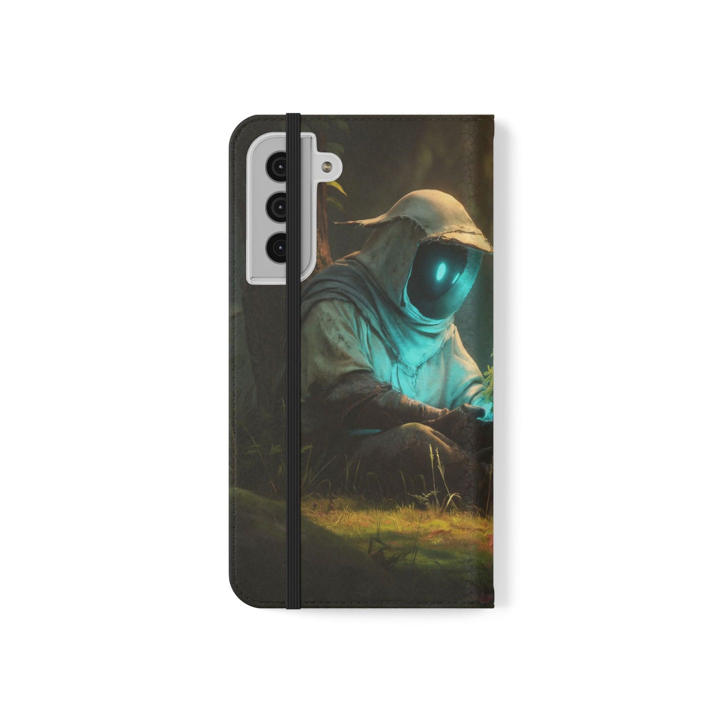 Glowing Orb Hooded Guardian Flip Cases – Bioluminescent Forest Keeper