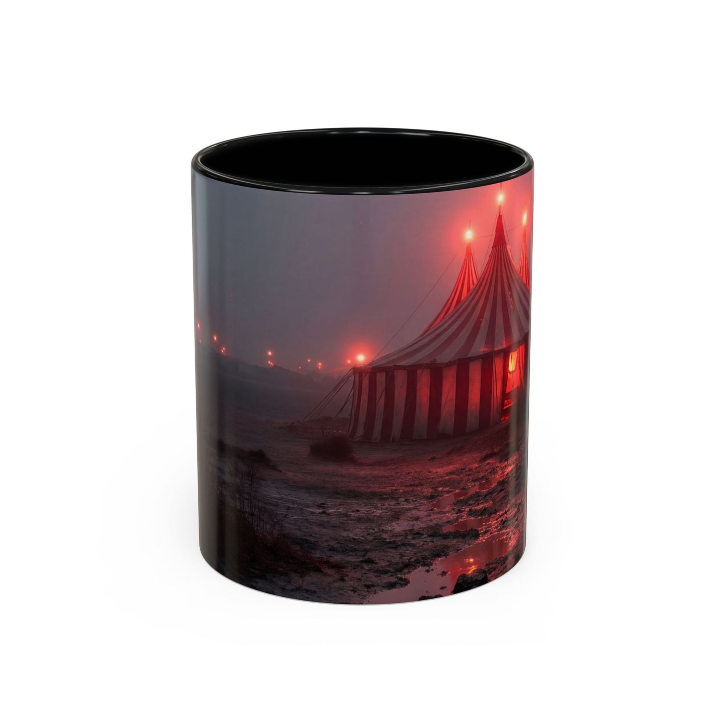 Crimson Circus Tent Accent Coffee Mug (11, 15oz) – Fog-Drenched Midnight Wonder