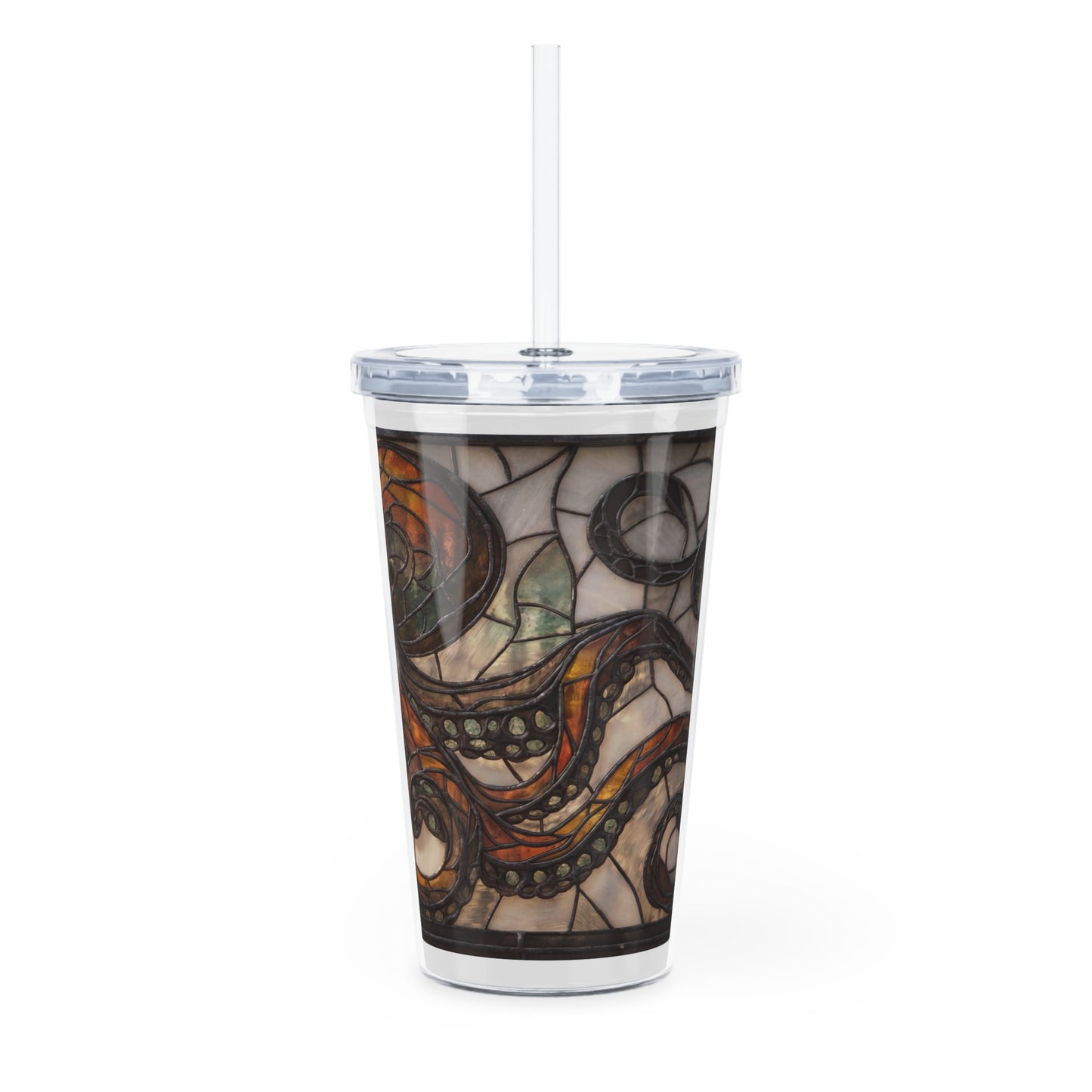 Stained Glass Octopus Plastic Tumbler with Straw – Amber Depths & Iron Lace