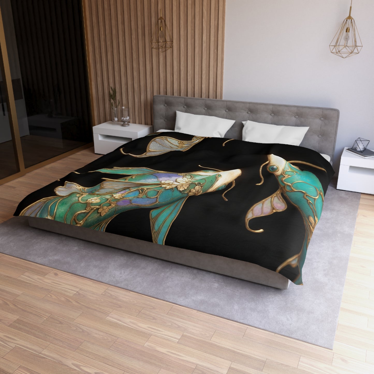 Art Nouveau Koi Microfiber Duvet Cover – Luminous Azure Guardians of the Deep
