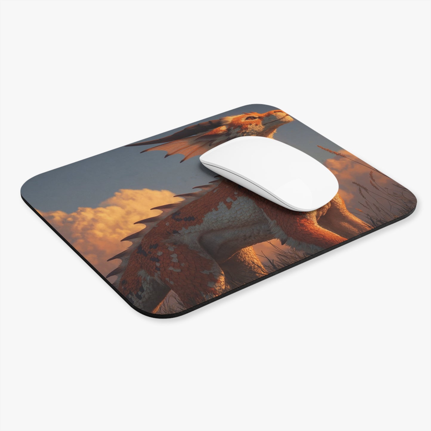 Sunset Dragon Mouse Pad (Rectangle) – Warm Ember Guardian in Golden Grass