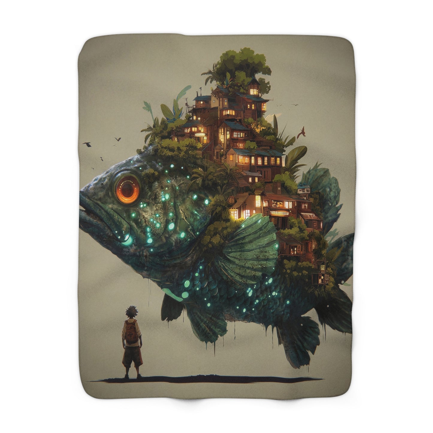 Bioluminescent Leviathan Blanket – Boy Stands Before Fish Castle Sherpa Fleece
