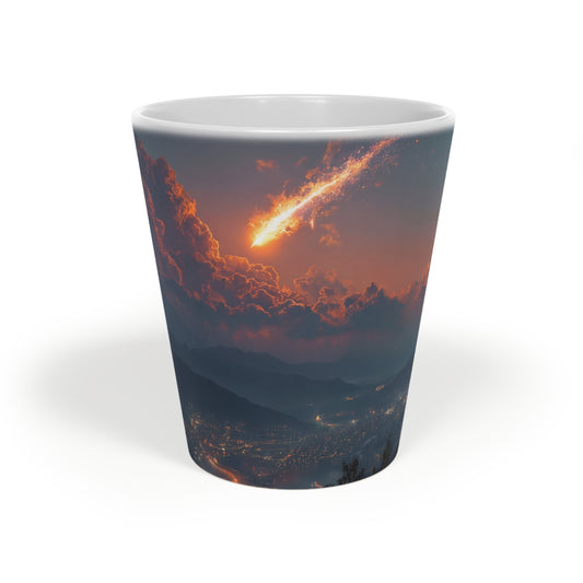 Celestial Fireball Latte Mug, 12oz – Meteor Over Mountain Cityscape